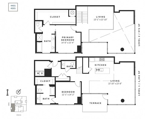 Floor plan for 2 beds, 2.5 baths, 2364 sqft